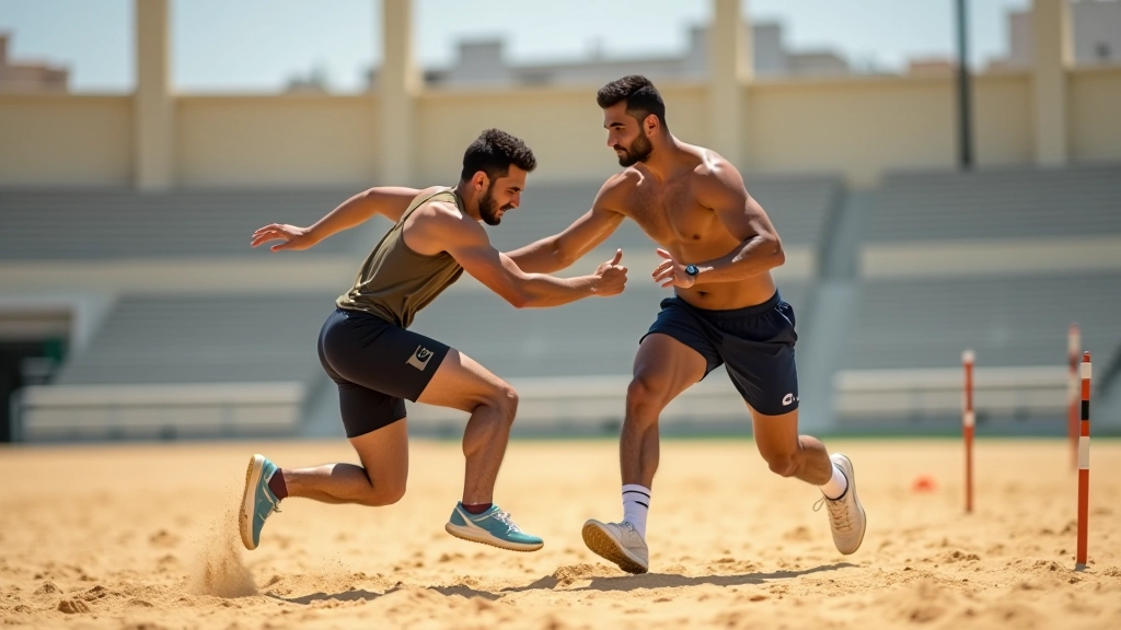 مدرب رياضي يوجه لاعب قفز طويل على الهبوط الصحيح في صندوق الرمل مع موقف جسد متوازن