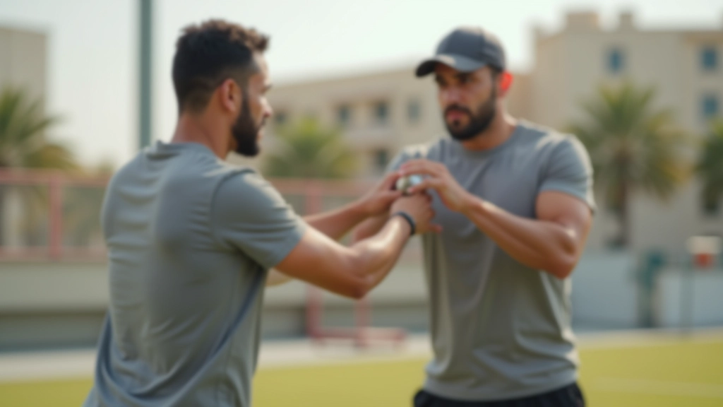 مدرب قوة يساعد رياضياً على تطوير تقنية الرمي الصحيحة في قاعة تدريب حديثة